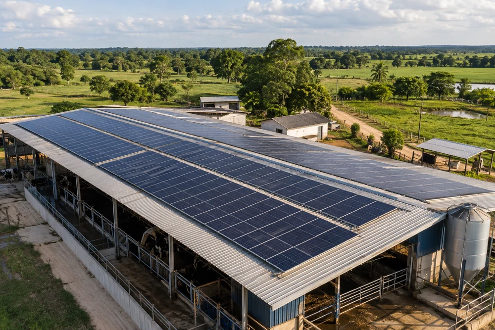 Estrutura rural com placas solares sobre o telhado